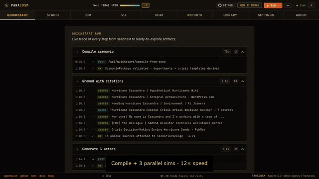 Paracosm end-to-end: paragraph in, multiple leaders running side by side, fork-and-replay out